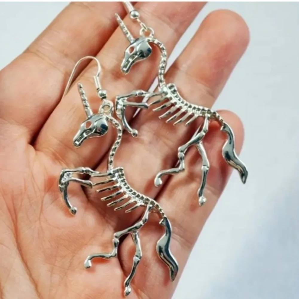 NIP Silver Tone Metal Unicorn Skeleton Pierced Dangle Earrings!